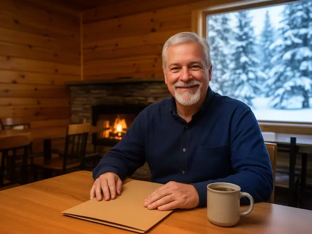 Grey-haired restaurant owner smiling at a table with a kraft folder and coffee in his pine-walled dining room